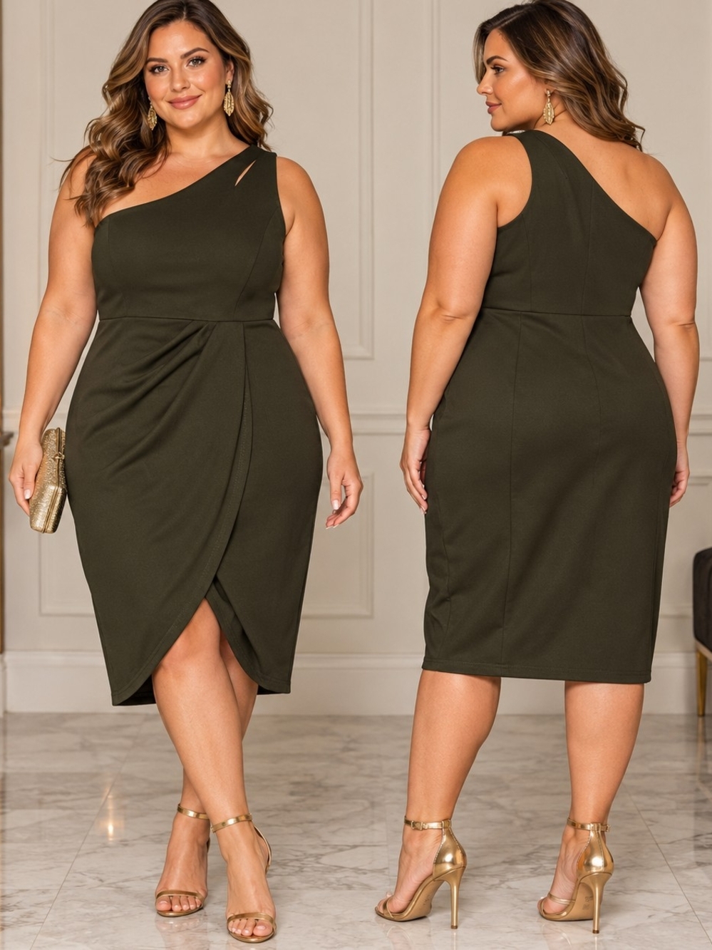 PRETTYGARDEN XXL Olive One Shoulder Dress Black Tie Cocktail Minimalist